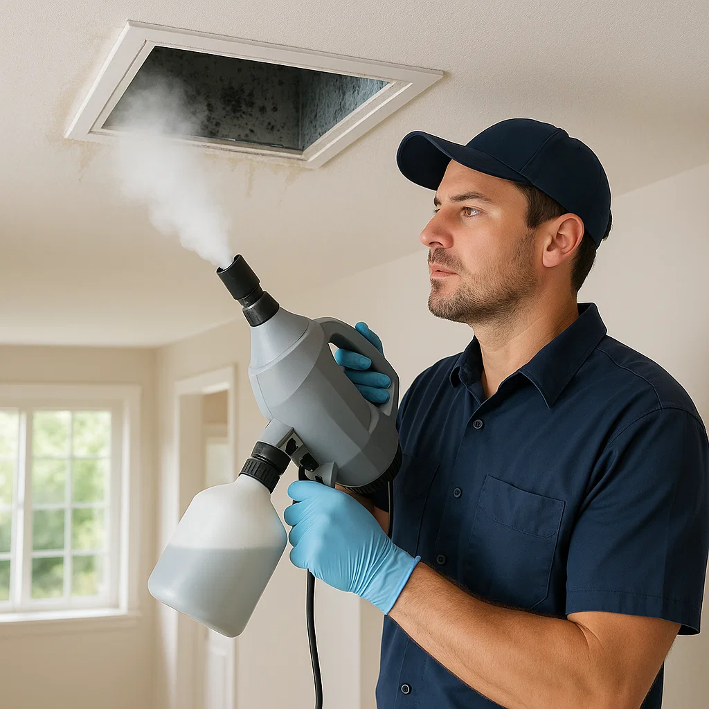 Baytown TX technician sanitizing home air ducts to remove allergens and improve indoor air quality for families