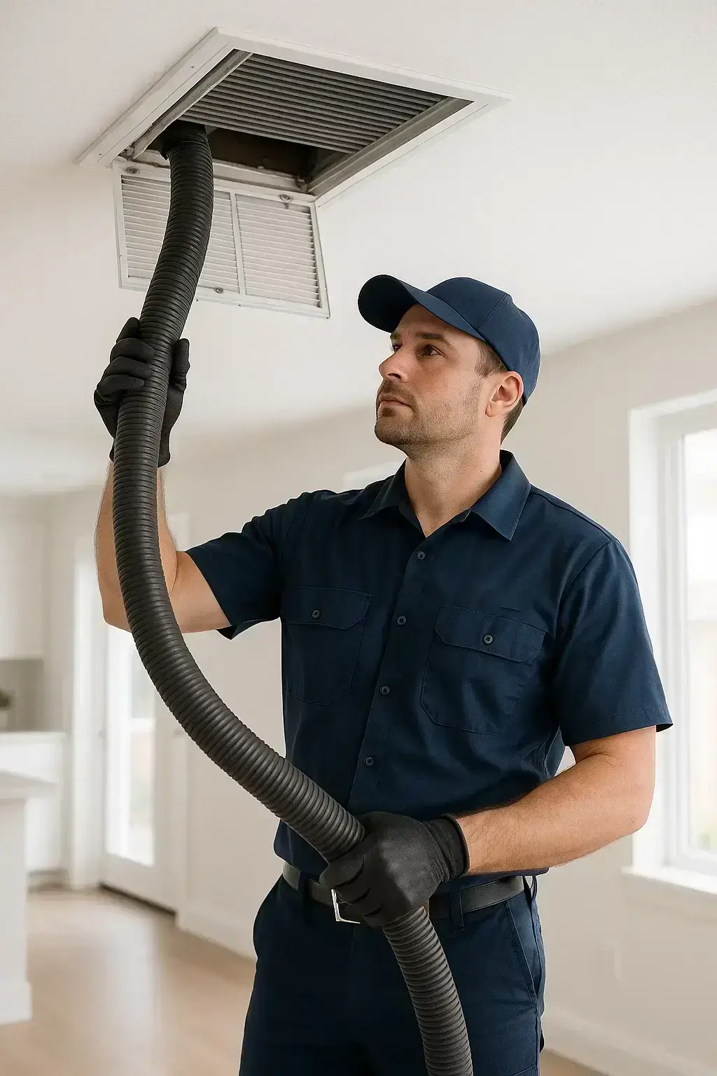 Baytown TX Air Ducts Cleaning technician inspecting HVAC system
